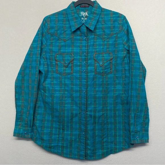 Wrangler Shirt Cowgirl L Rock 47 Pearl Snap Metallic Thick Stitch Western Rodeo - Picture 1 of 8
